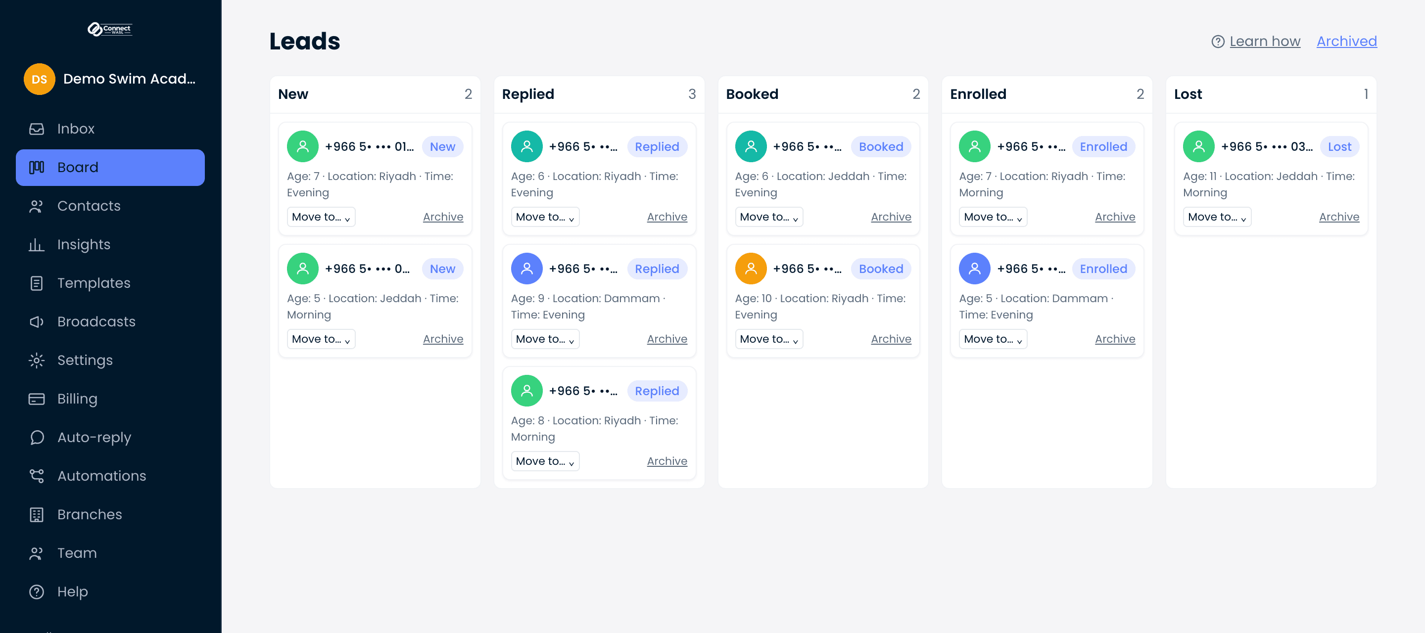 The Connect Wasl lead board: leads in New, Replied, Booked, Enrolled and Lost columns
